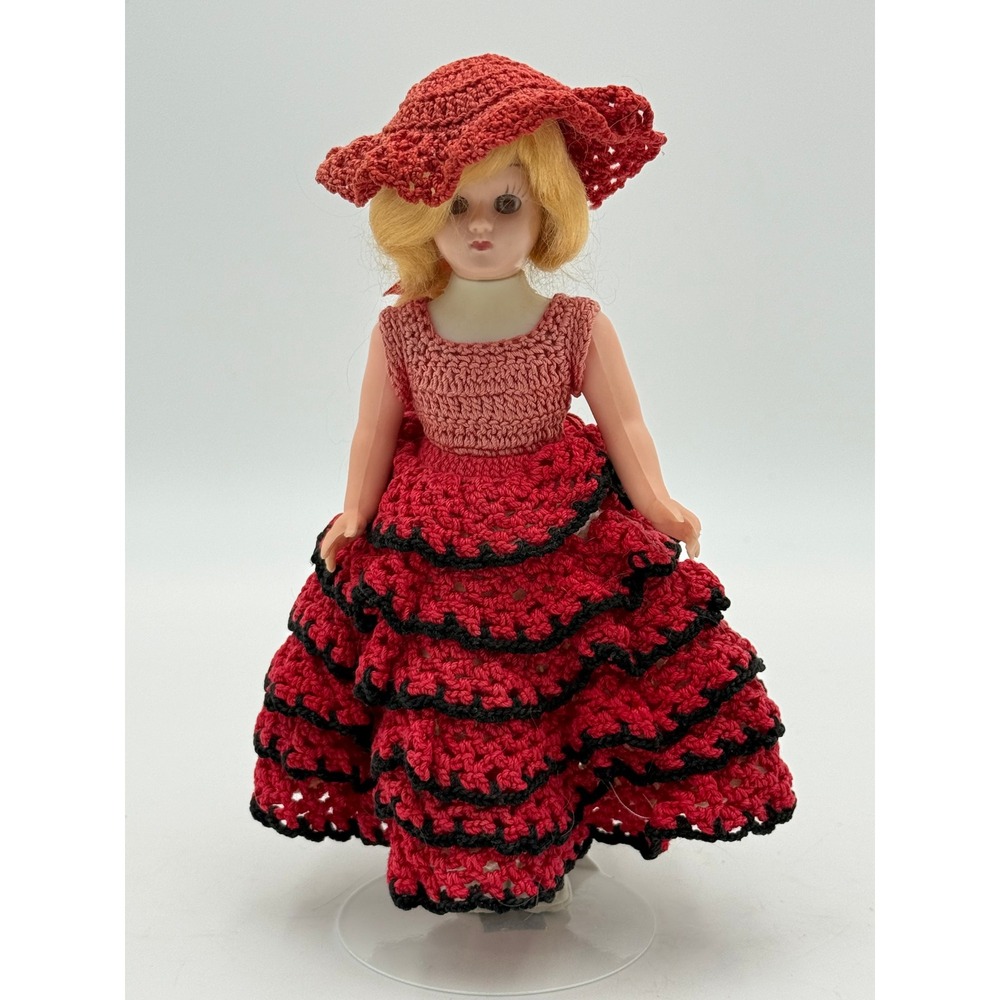 Vintage 7.5 Inch Blonde Doll Red Black Crocheted Flamenco Dress Hat with Stand